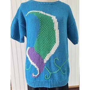 Personal Vintage Cotton Blend Knit Sweater Short Sleeve Blue Abstract Pattern XL